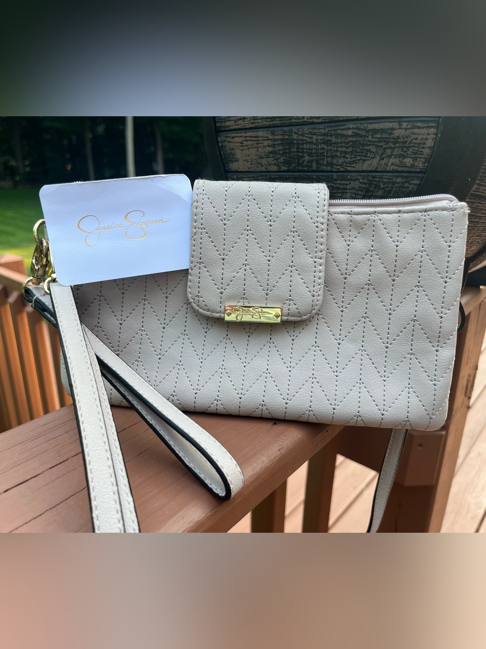 Jessica Simpson Taupe Chevron Wristlet/ Crossbody/Clutch with Gold accents.